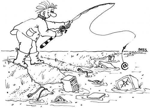Cartoon: Angler (medium) by besscartoon tagged besscartoon,bess,angel,schrott,computer,umweltverschmutzung,angler,mann
