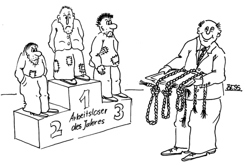 Cartoon: Arbeitsloser des Jahres (medium) by besscartoon tagged männer,siegerpodest,hartz,arge,arbeitslos,arbeit,strick,bess,besscartoon