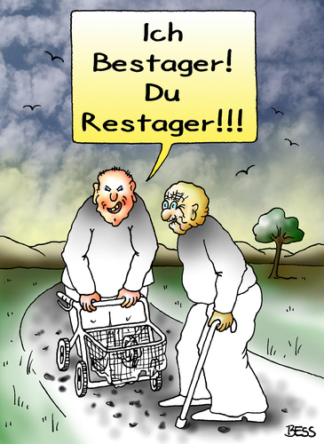 Cartoon: Bestager trifft Restager (medium) by besscartoon tagged bestager,restager,alt,alter,rollator,stock,sterben,tod,bess,besscartoon