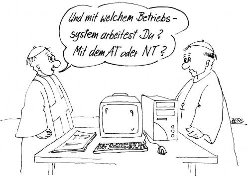 Cartoon: Betriebssystem (medium) by besscartoon tagged computer,nt,at,religion,katholisch,christentum,pfarrer,kirche,technik,bess,besscartoon