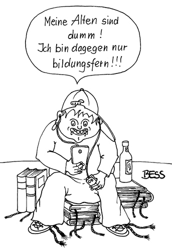 Cartoon: bildungsfern (medium) by besscartoon tagged bess,chancengleichheit,hauptschule,restschule,eltern,chancen,bildung,bücher,buch,dummheit,bildungsfern,dumm,musik,handy,lernen,schüler,pädagogik,schule,besscartoon