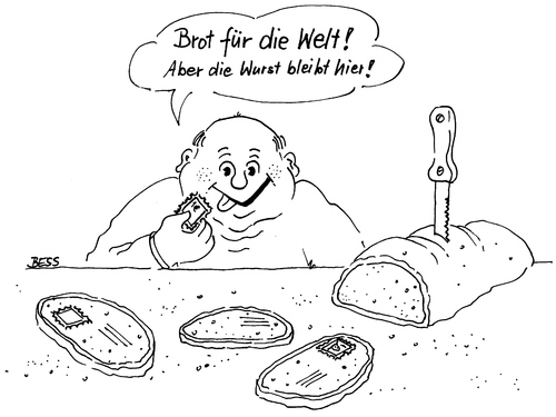 Cartoon: Brot für die Welt (medium) by besscartoon tagged brot,essen,armut,hunger,wurst,religion,kirche,hilfe,drittewelt,bess,besscartoon