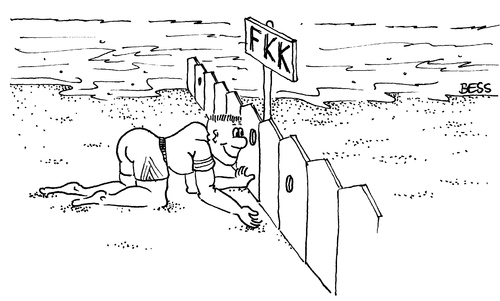 Cartoon: FKK (medium) by besscartoon tagged mann,strand,fkk,zaun,bess,besscartoon