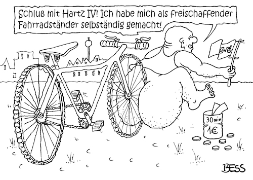 Cartoon: freischaffend (medium) by besscartoon tagged fahrrad,fahrradständer,mann,hartz4,selbständig,armut,fett,nackt,bess,besscartoon