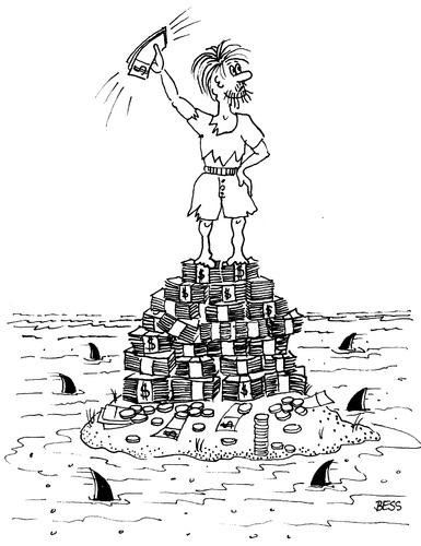 Cartoon: Geldhaie (medium) by besscartoon tagged insel,meer,einsamkeit,haie,geld,bess,besscartoon