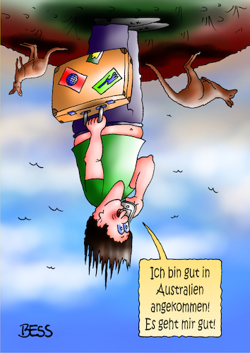 Cartoon: gut angekommen (medium) by besscartoon tagged mann,australien,reise,koffer,tourist,känguru,tourismus,bess,besscartoon