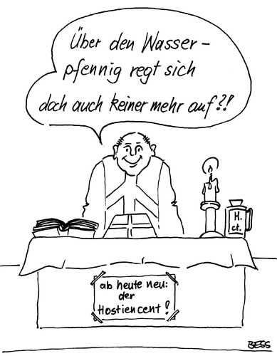 Cartoon: Hostiencent (medium) by besscartoon tagged kirche,katholisch,religion,pfarrer,hostie,wasserpfennig,bess,besscartoon