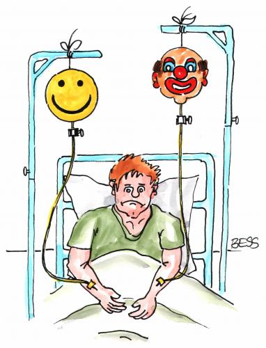 Cartoon: Infusion (medium) by besscartoon tagged besscartoon,bess,krank,kankenhaus,mann,infusion,clown,smilie