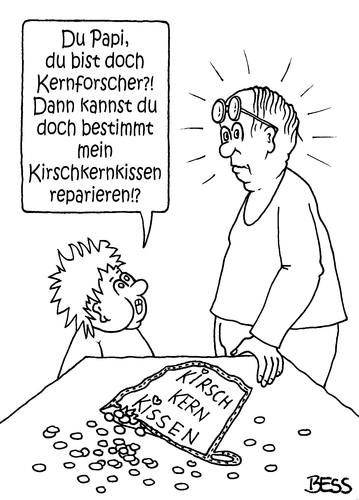 Cartoon: Kernforscher (medium) by besscartoon tagged vater,sohn,kind,papi,kernforscher,kirschkern,kirschkernkissen,reparieren,bess,besscartoon