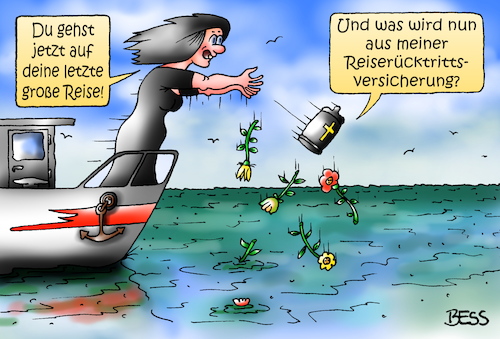 Cartoon: letzte Reise (medium) by besscartoon tagged tod,sterben,beziehung,paar,bestattung,seebestattung,urne,letzte,große,reise,reiserücktrittsversicherung,versicherung,meer,bess,besscartoon