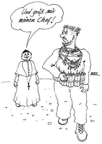 Cartoon: Liebe Grüße (medium) by besscartoon tagged religion,kirche,katholisch,islam,attentäter,terrorismus,bess,besscartoon