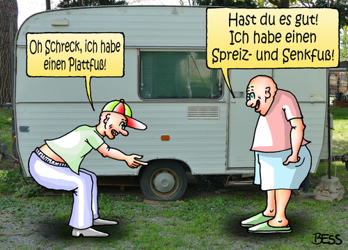 Cartoon: Oh Schreck... (medium) by besscartoon tagged camping,wohnwagen,caravan,urlaub,ferien,plattfuss,männer,spreizfuß,senkfuß,bess,besscartoon