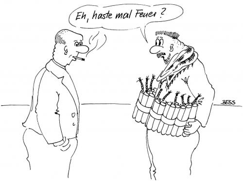 Cartoon: ohne Titel (medium) by besscartoon tagged besscartoon,bess,islam,bombe,terrorismus,rauchen,selbstmordattentat,suizid,feuer,männer,mann