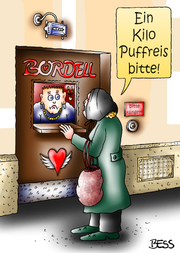 Cartoon: Puffreis (medium) by besscartoon tagged bordell,puff,frau,mann,einkaufen,puffreis,bess,besscartoon