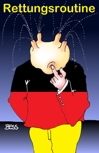 Cartoon: Rettungsroutine (medium) by besscartoon tagged bess,kontrolle,eurozone,währungsunion,wirtschaftsunion,sparkassen,großbanken,bankenaufsicht,europa,ezb,sprache,eu,geld,milch,euter,melken,gold,rot,schwarz,unwort,deutschland,rettungsroutine,routine,rettung,besscartoon