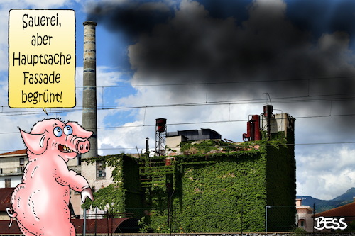 Cartoon: Sauerei (medium) by besscartoon tagged umwelt,umweltschutz,fabrik,ökologie,umweltverschmutzung,sauerei,schwein,sau,fassade,fassadenbegrünung,bess,besscartoon