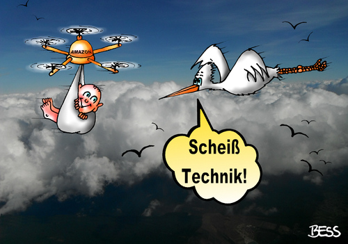 Cartoon: Scheiß Technik (medium) by besscartoon tagged technik,amazon,drohne,storch,himmel,vögel,klapperstorch,zukunft,geburt,baby,bess,besscartoon