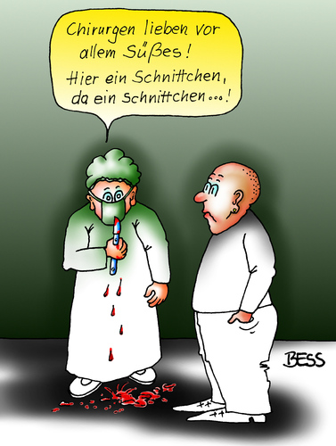 Cartoon: Schnittchen hier und da (medium) by besscartoon tagged männer,arzt,chirurge,chirurgie,skalpell,süßes,süßigkeiten,schnittchen,bess,besscartoon