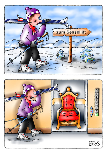 Cartoon: Sessellift (medium) by besscartoon tagged winter,wintersport,sport,skifahren,fahrstuhl,schnee,lift,sessellift,sessel,bess,besscartoon