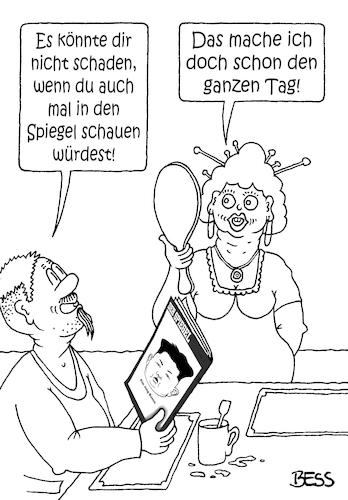 Cartoon: Spiegel (medium) by besscartoon tagged paar,bildung,beziehung,schönheit,eitelkeit,der,spiegel,magazin,lesen,politik,bess,besscartoon