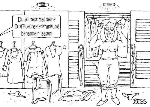 Cartoon: Stoffwechselerkrankung (medium) by besscartoon tagged frau,mode,kleider,klamotten,stoffwechsel,qual,der,wahl,bess,besscartoon