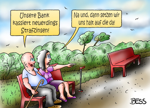 Cartoon: Strafzinsen (medium) by besscartoon tagged geld,finanzen,euro,strafzinsen,minuszinsen,banken,ezb,dragi,zinsen,sparer,bess,besscartoon