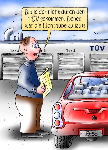 Cartoon: TÜV (medium) by besscartoon tagged mann,tüv,auto,automobil,lichthupe,sicherheit,bess,besscartoon