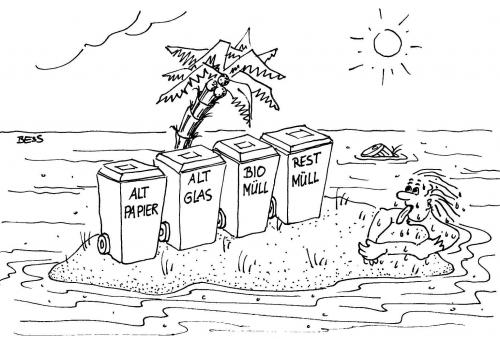 Cartoon: Umweltbewusst (medium) by besscartoon tagged altglas,entsorgung,müll,meer,palme,insel,mann,altpapier,biomüll,restmüll,bess,besscartoon