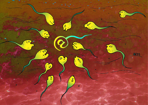 Cartoon: Ursuppe (medium) by besscartoon tagged sperma,spermien,computer,technik,samen,gene,email,bess,besscartoon