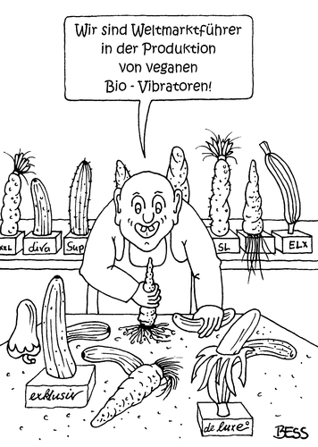 Cartoon: vegane Bio-Vibratoren (medium) by besscartoon tagged karotte,banane,gurke,weltmarktführer,bio,vibratoren,vegan,sexualität,bess,besscartoon