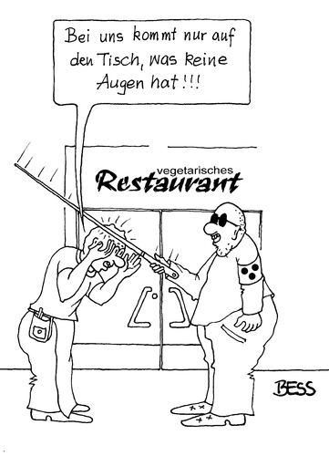 Cartoon: vegetarisches Restaurant (medium) by besscartoon tagged restaurant,blind,kellner,vegetarisch,augen,essen,trinken,gastronomie,blindheit,bess,besscartoon