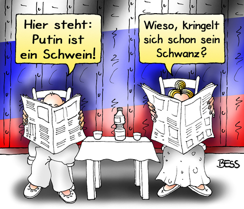 Cartoon: Zeitungslektüre (medium) by besscartoon tagged putin,russland,zeitung,lesen,frau,mann,konflikt,ukraine,schwein,schwanz,kringeln,bess,besscartoon