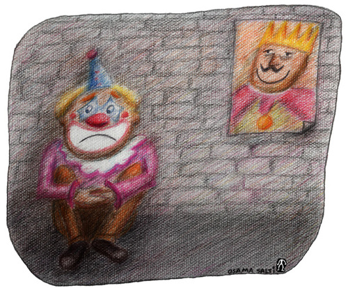 Cartoon: King and Clown (medium) by Osama Salti tagged king,clown,smile,sadness,happiness,bad,good,leader,people