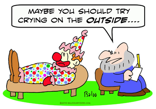 Cartoon: clown crying outside psychiatris (medium) by rmay tagged clown,crying,outside,psychiatrist
